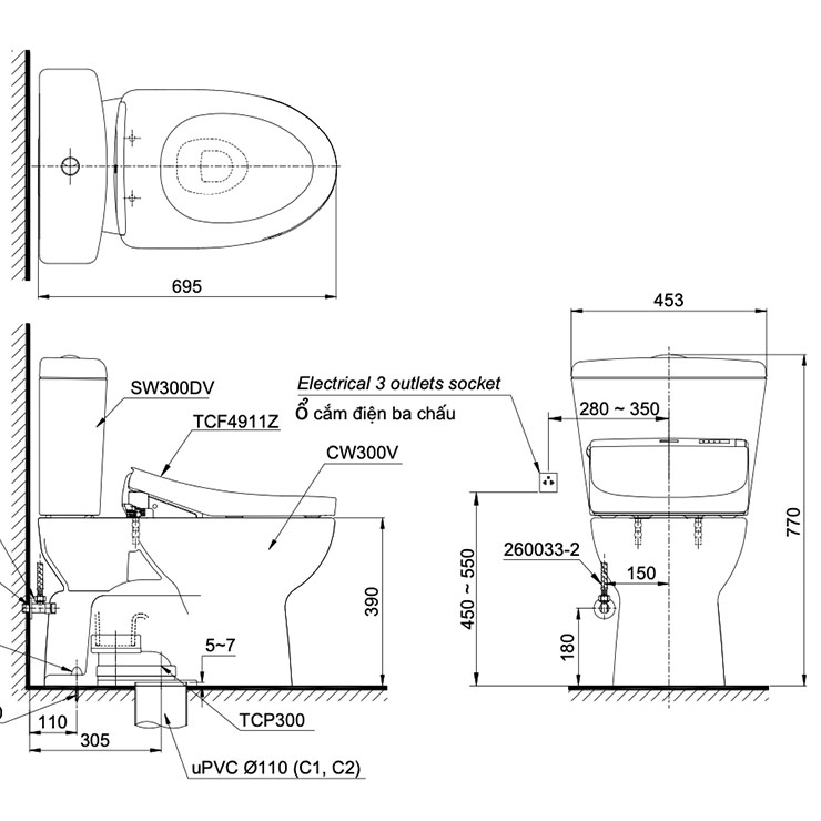 Bồn cầu TOTO CS300DRW11 2 khối nắp điện tử Washlet S7 TCF4911Z - 13