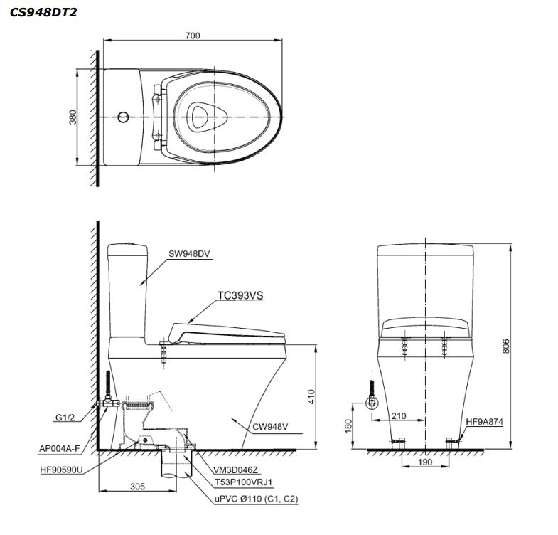 Bồn cầu 2 khối TOTO CS948DT2 nắp đóng êm TC393VS - 2