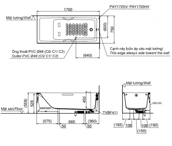 Bồn tắm yếm TOTO PAY1725VC#W nhựa 1m7 - 2
