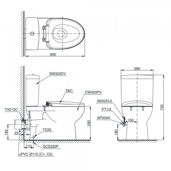 Bồn cầu 2 khối TOTO CS320PDRT2 nắp đóng êm TC393VS thoát ngang - 2