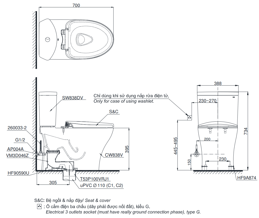 Bồn cầu 2 khối nắp rửa điện tử TOTO CS838DW6 - 2