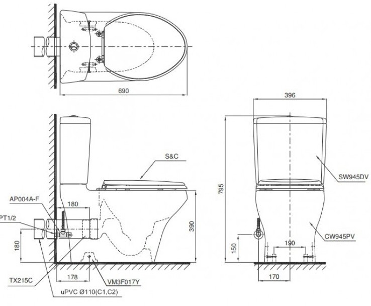 Bồn cầu 2 khối TOTO CS945PDT10 nắp đóng êm TC395VS thoát ngang