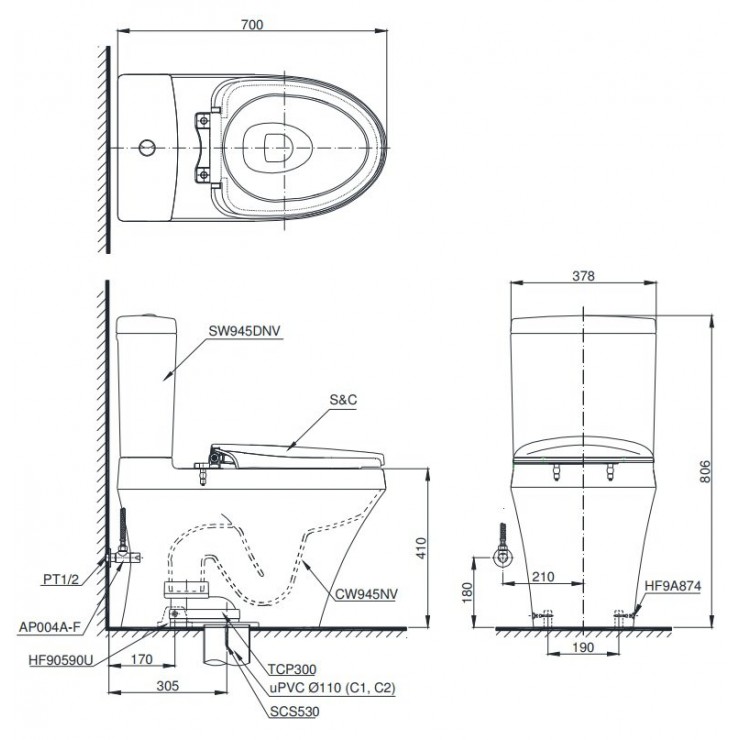 Bồn cầu TOTO CS945DNW16 2 khối nắp điện tử Washlet C2 TCF23410AAA