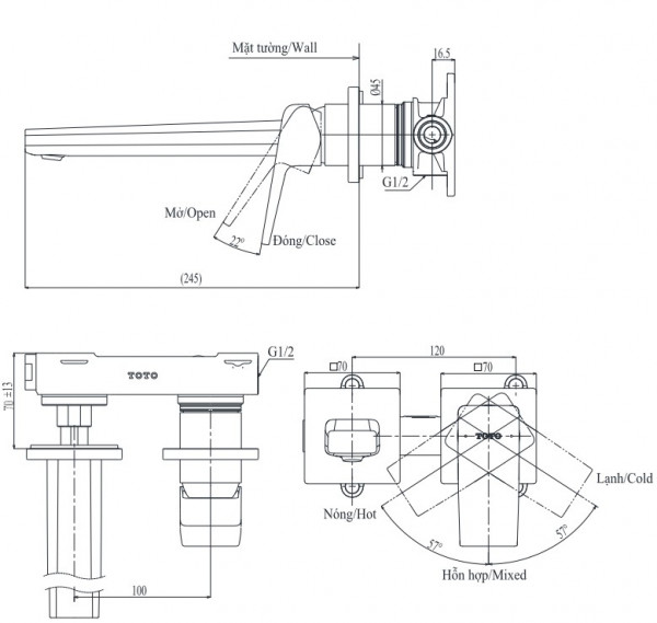 Vòi lavabo nóng lạnh gắn tường GB TOTO TLG10308BB (TLG10308B) - 12