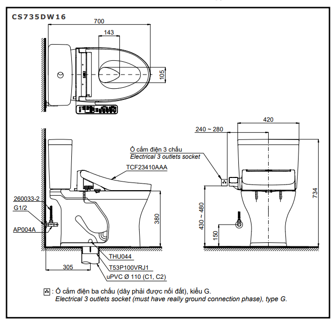 Bồn cầu TOTO CS735DW16 2 khối nắp điện tử Washlet C2 TCF23410AAA - 2