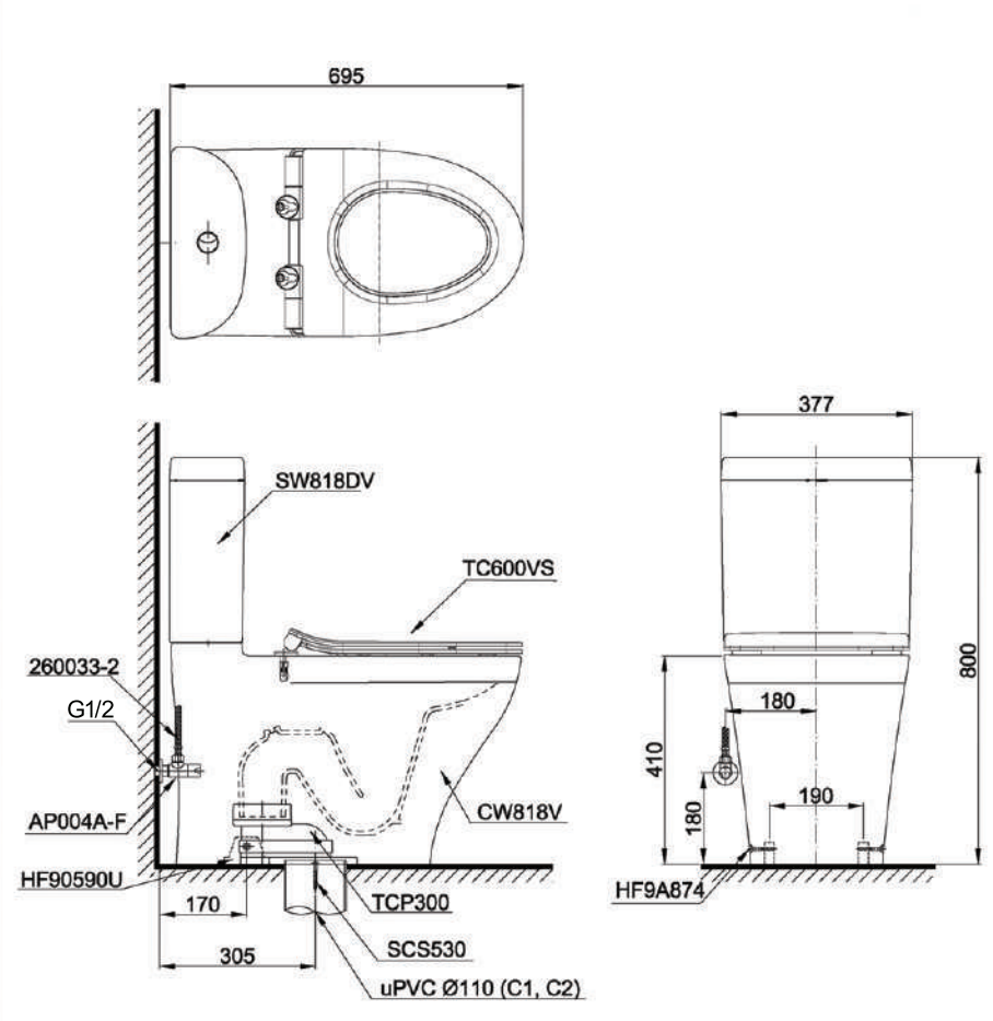 Bồn cầu 2 khối TOTO CS818DT2 nắp đóng êm TC393VS