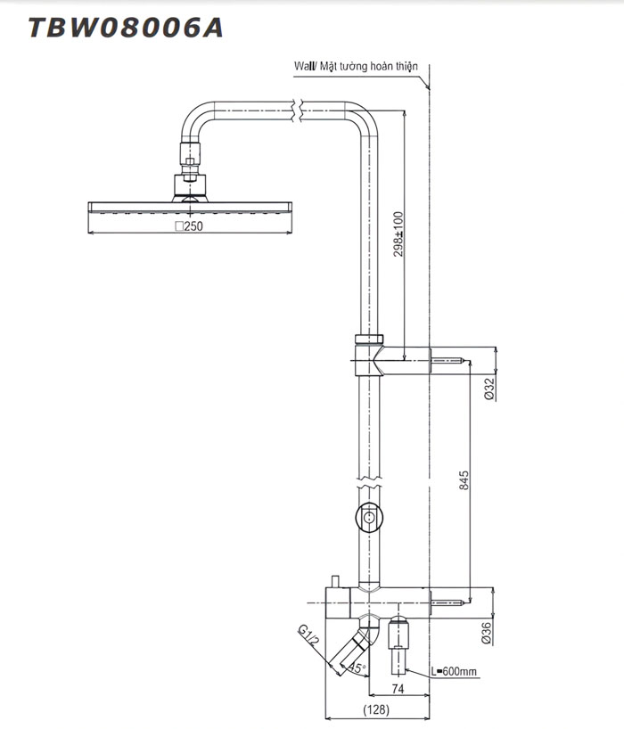 Thân sen cây TOTO TBW08006A dòng G dáng vuông 250mm - 9