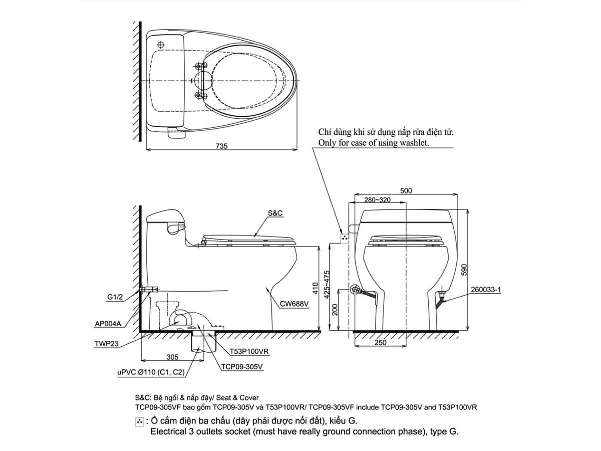 Bồn cầu TOTO MS688W11 1 khối nắp điện tử Washlet S7 TCF4911Z
