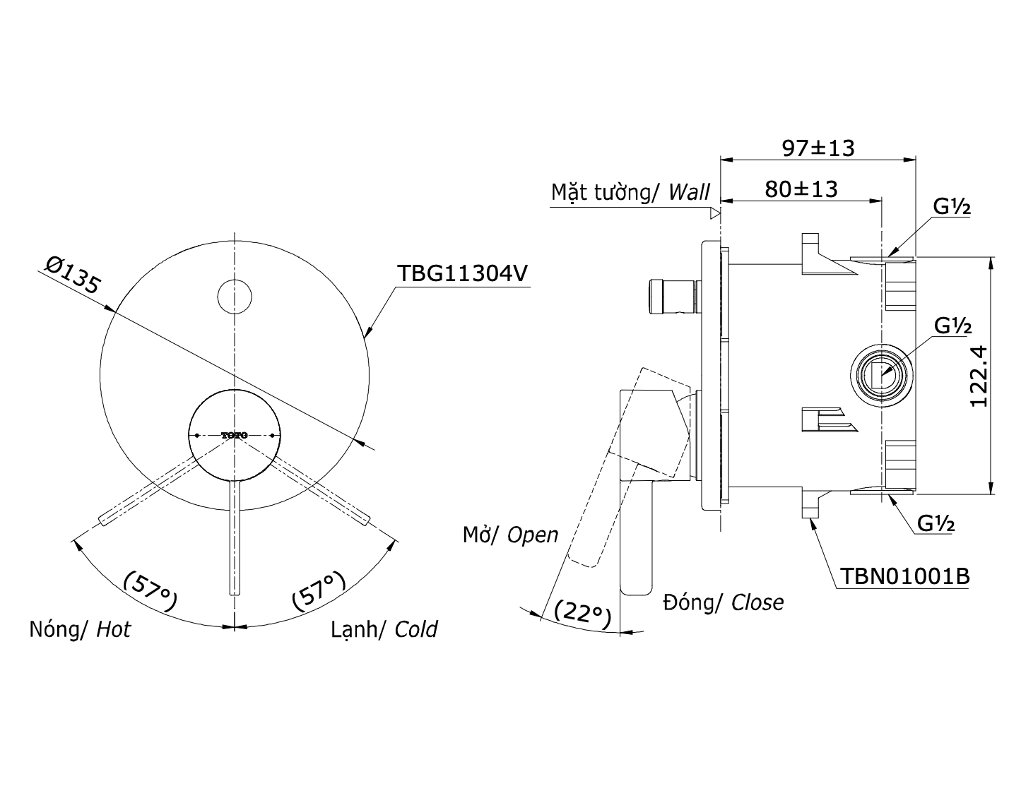 Van gật gù điều chỉnh nóng lạnh TOTO TBG11304VA kèm nút chuyển hướng