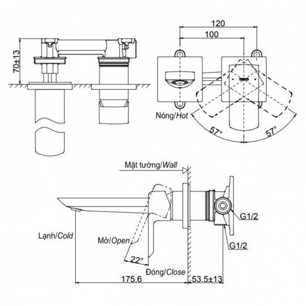 Vòi lavabo nóng lạnh gắn tường GR TOTO TLG02310BB (TLG02310B) - 2