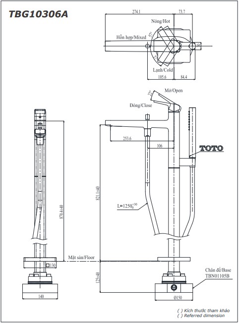 Vòi xả bồn tắm TOTO TBG10306AA đặt sàn nóng lạnh