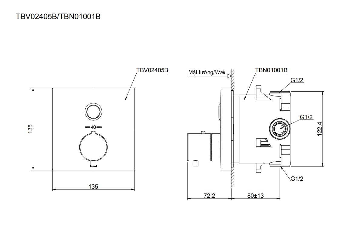 Van điều chỉnh nhiệt độ kèm van dừng TOTO TBV02405B kèm phụ kiện âm tường TBN01001B - 2