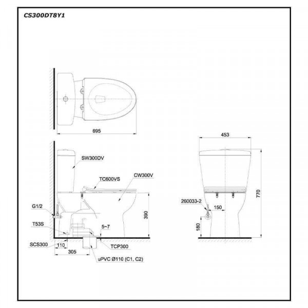 Bồn cầu 2 khối TOTO CS300DT8Y1 nắp đóng êm TC600VS - 2
