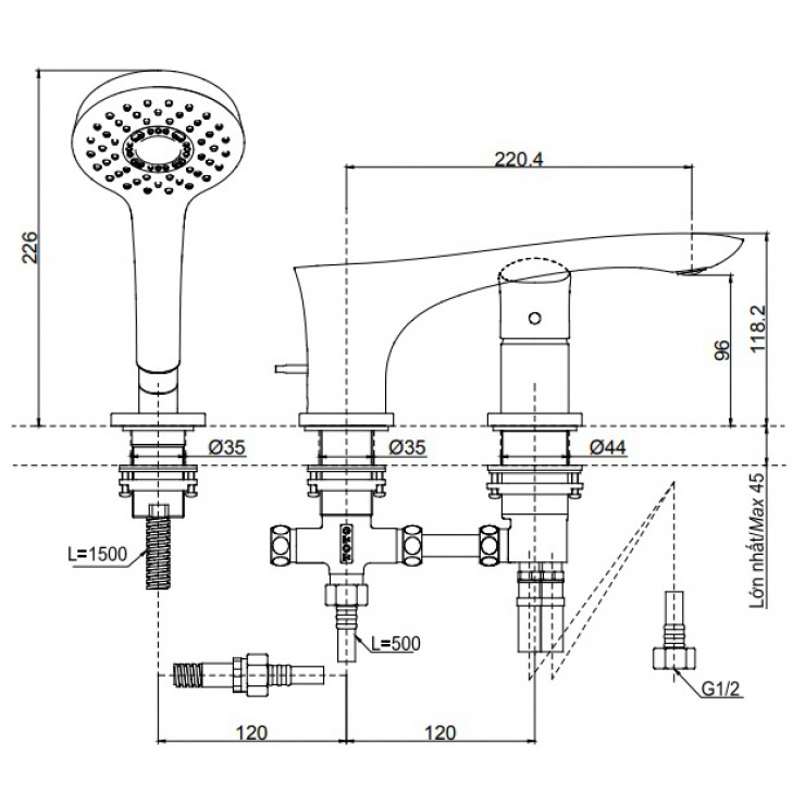 Vòi xả bồn tắm TOTO TBG01305BB nóng lạnh kèm tay sen