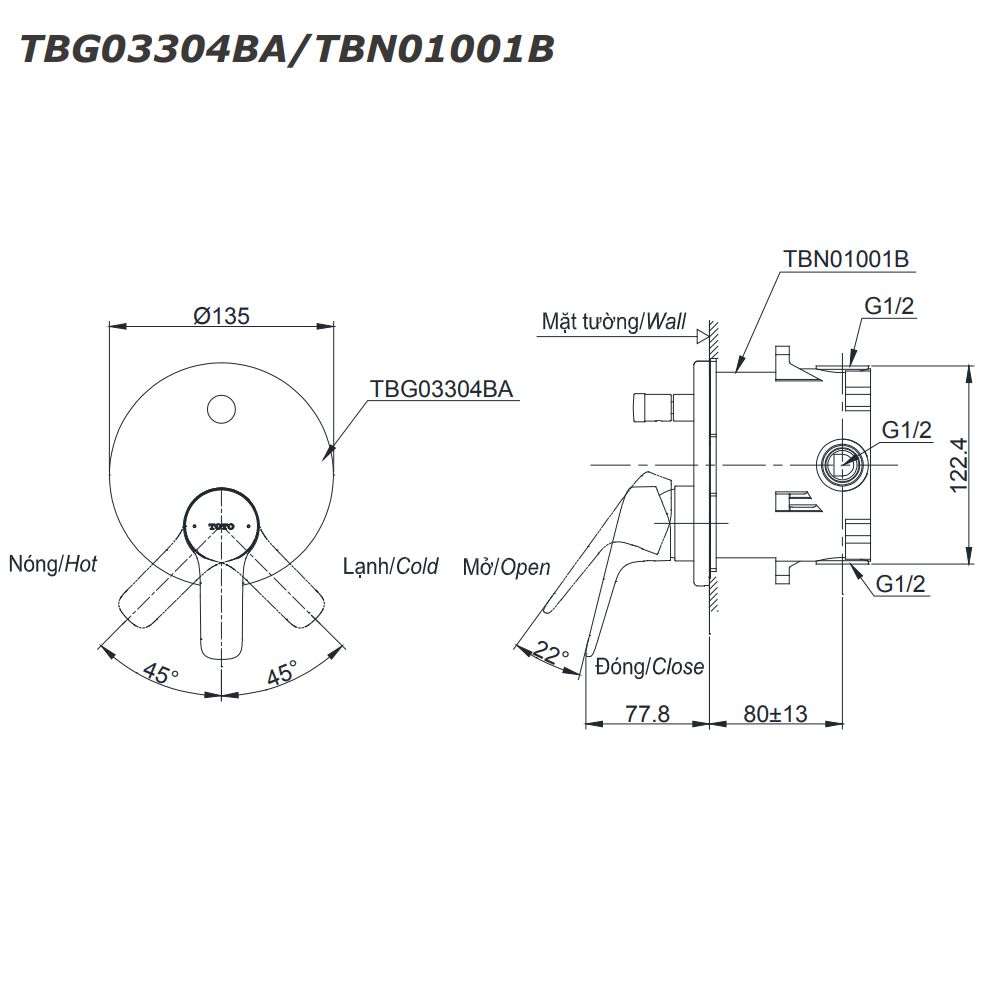 Van gật gù điều chỉnh nóng lạnh kèm nút chuyển hướng TOTO TBG03304BA - 3