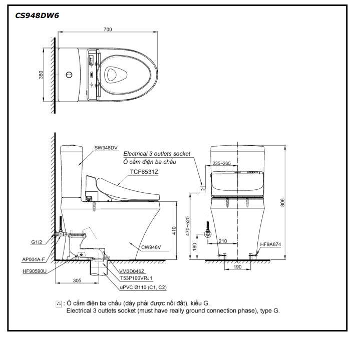 Bồn cầu 2 khối nắp rửa điện tử C5 TOTO CS948DW6 - 2