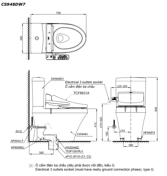 Bồn cầu 2 khối nắp rửa điện tử C2 TOTO CS948DW7 - 4