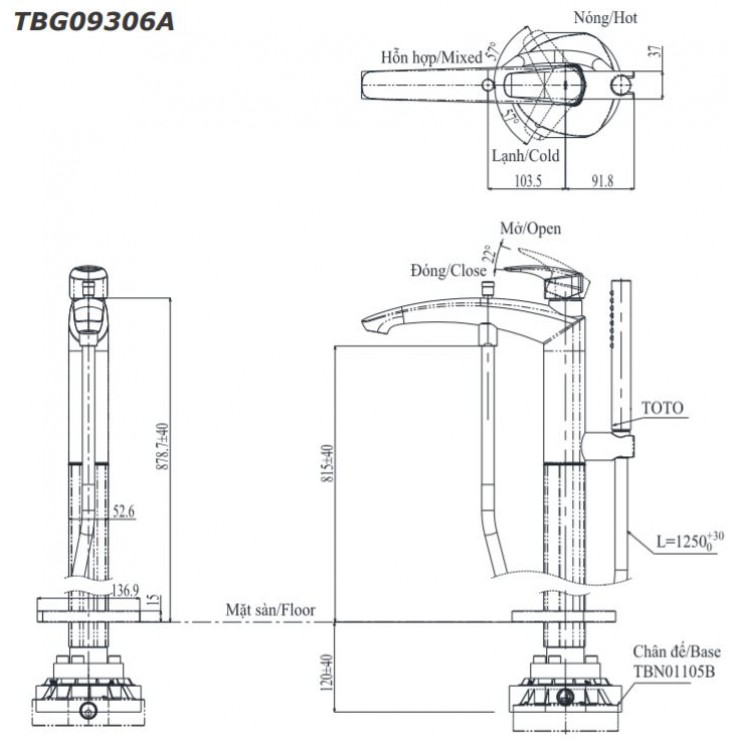 Vòi xả bồn tắm TOTO TBG09306AA TBN01105B đặt sàn nóng lạnh (kèm đế)