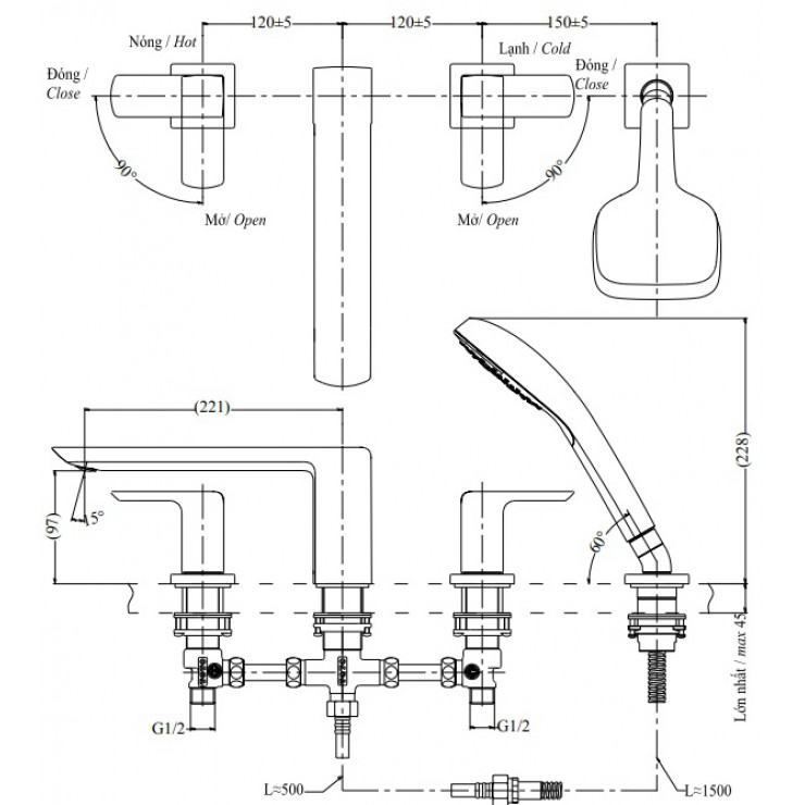 Vòi xả bồn tắm TOTO TBG02202A nóng lạnh kèm tay sen - 9
