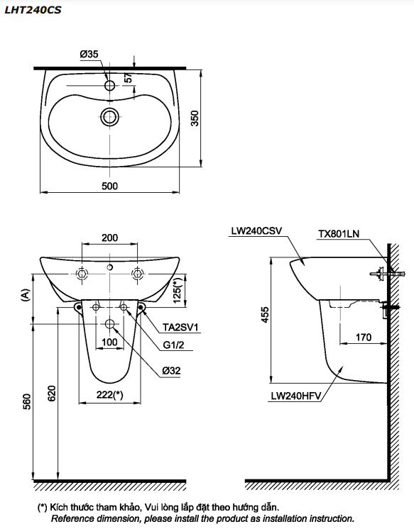 Chậu lavabo treo tường TOTO LHT240CS chân lửng - 7