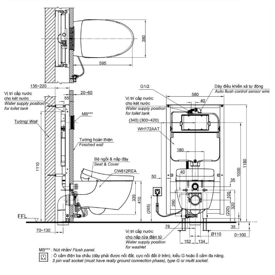 Bồn cầu treo tường điện tử S7 (giấu dây) TOTO CW812REA TCF4911EZ WH172AT TCA465 MB176GH - 5