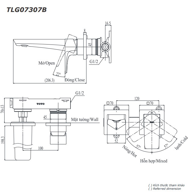 Vòi lavabo nóng lạnh gắn tường GE TOTO TLG07307BB (TLG07307B)