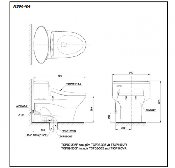 Bồn cầu TOTO MS904E4#XW 1 khối nắp rửa cơ TCW1211A - 2
