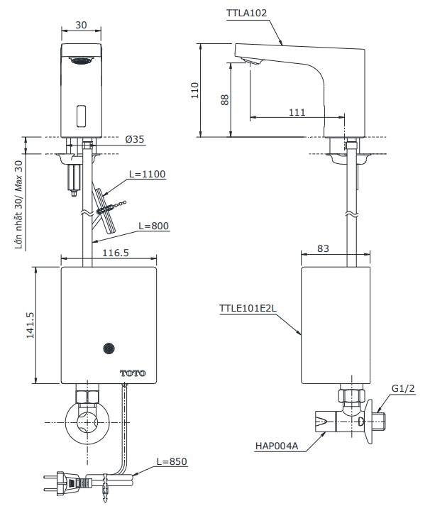 Vòi lavabo cảm ứng TOTO TTLA102 TTLE101E2L HAP004A(nước lạnh - dùng điện)