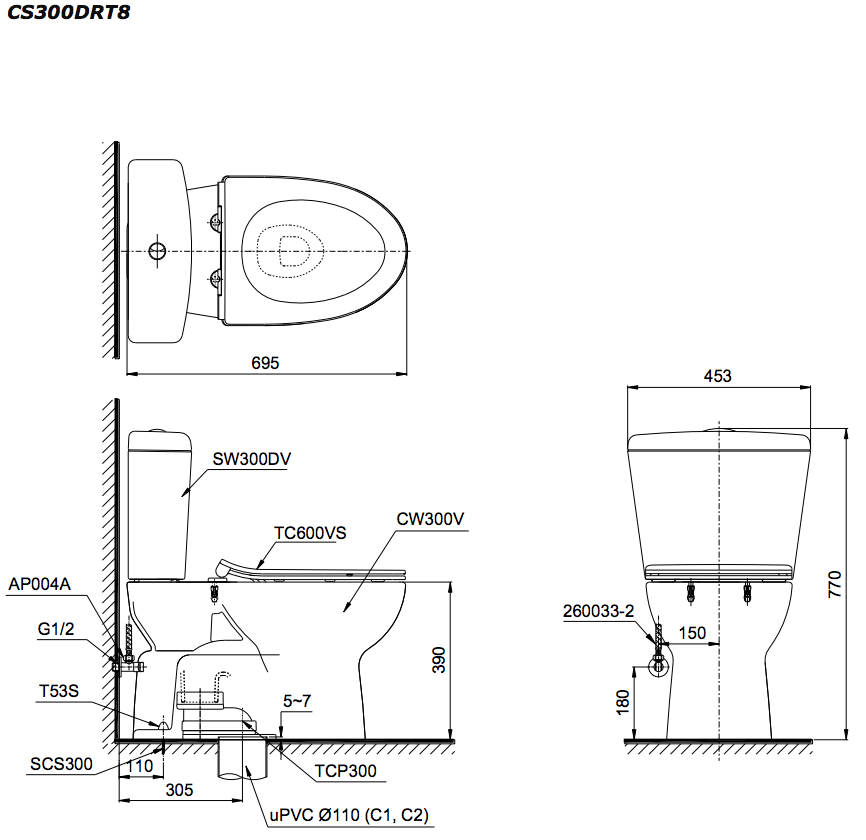 Bồn cầu 2 khối TOTO CS300DRT8 nắp đóng êm TC600VS