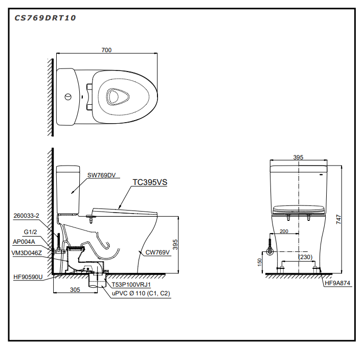 Bồn cầu 2 khối TOTO CS769DRT10 nắp đóng êm TC395VS - 10