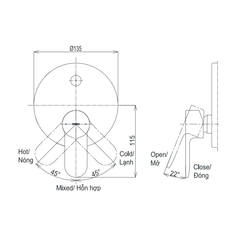 Van gật gù điều chỉnh nóng lạnh kèm nút chuyển hướng và phụ kiện âm tường TOTO TBS06304A TBS01304B1