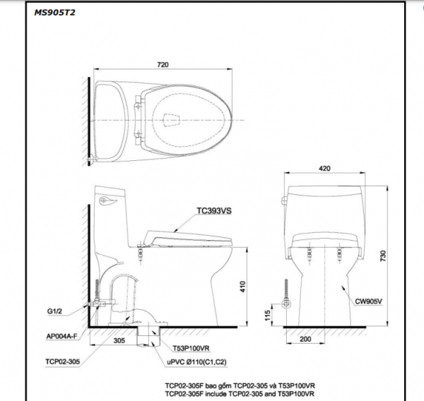 Bồn cầu 1 khối TOTO MS905T2#XW nắp đóng êm TC393VS - 2
