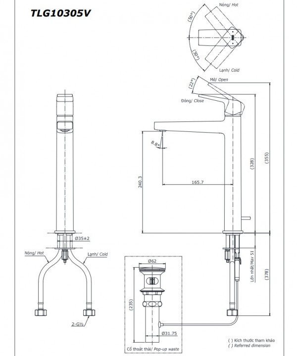 Vòi lavabo nóng lạnh GB TOTO TLG10305V - 22