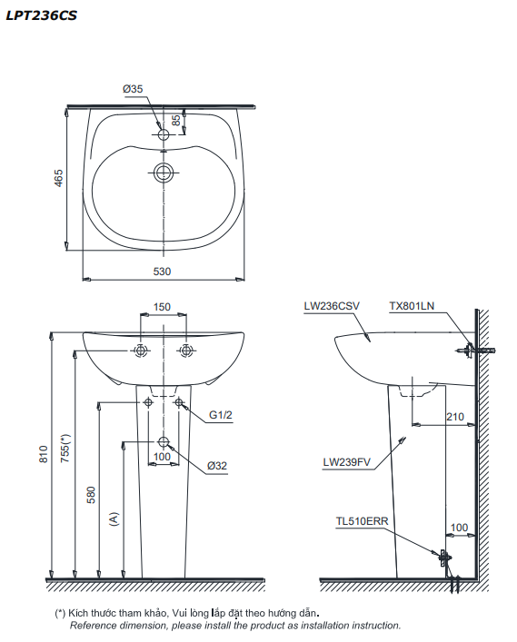 Chậu lavabo treo tường TOTO LPT236CS chân dài - 2