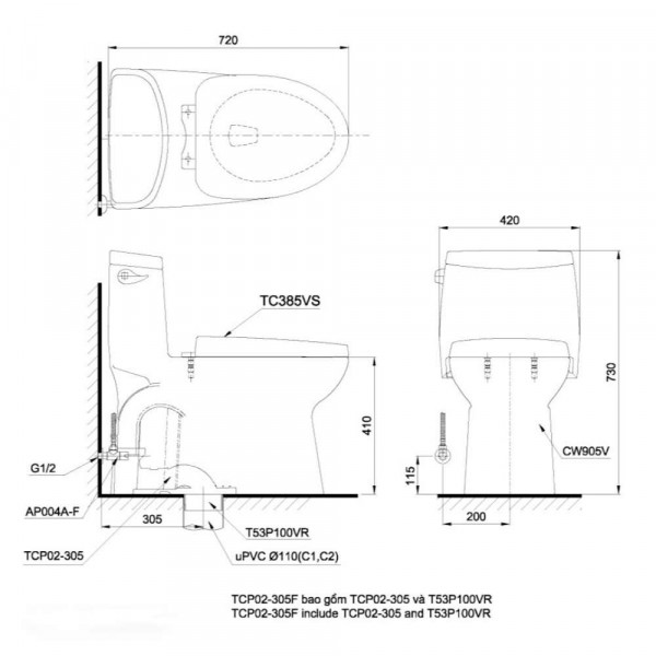 Bồn cầu 1 khối nắp rửa điện tử C5 TOTO MS905W6 - 2