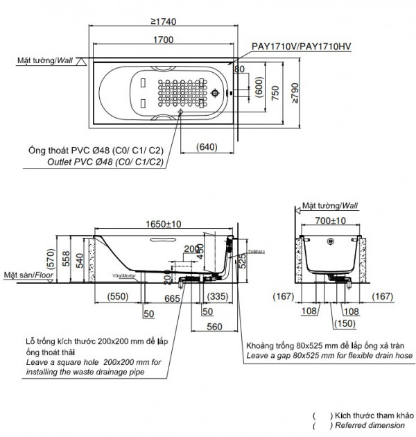 Bồn tắm TOTO PAY1710V#W TVBF411 nhựa 1m7 gồm bộ xả thải - 4