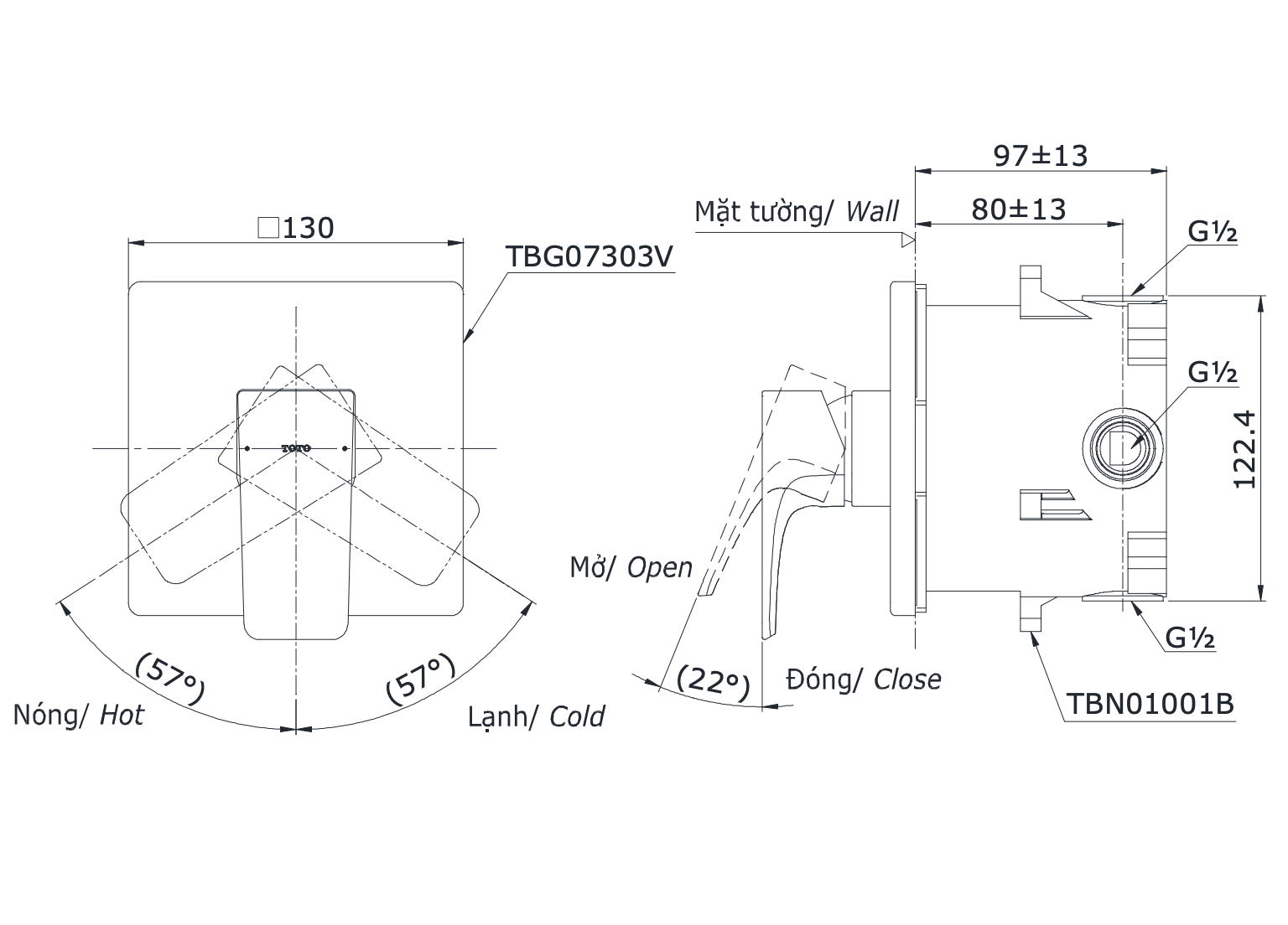 Van gật gù điều chỉnh nóng lạnh TOTO TBG07303VA kèm phụ kiện âm tường TBN01001B (TBG07303V/TBN01001B) - 4