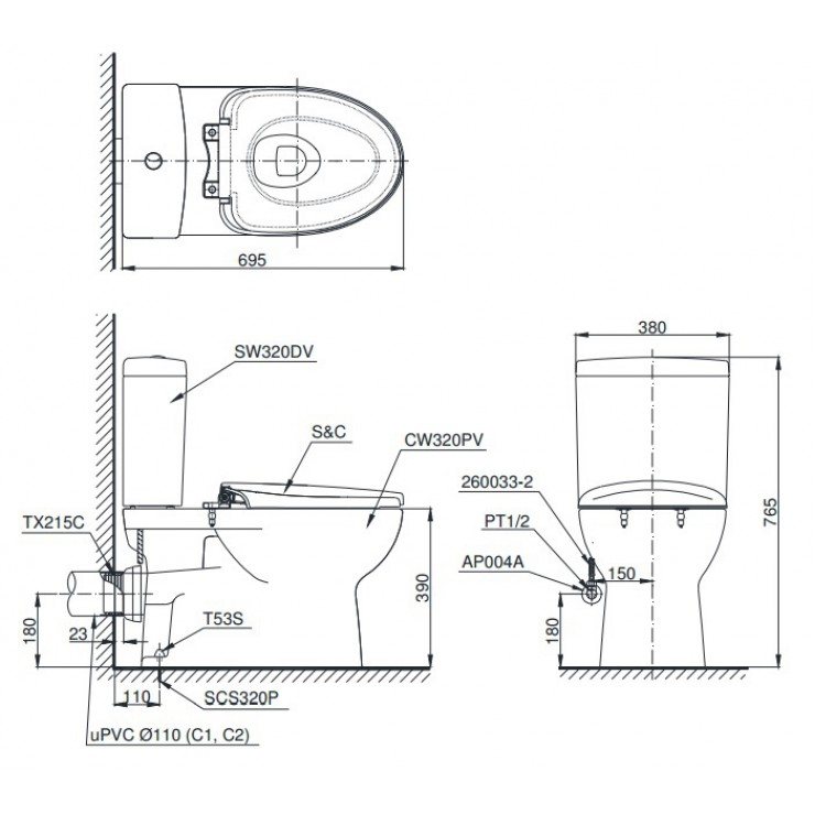 Bồn cầu TOTO CS320PDRW16 2 khối nắp điện tử Washlet C2 TCF23410AAA - 2