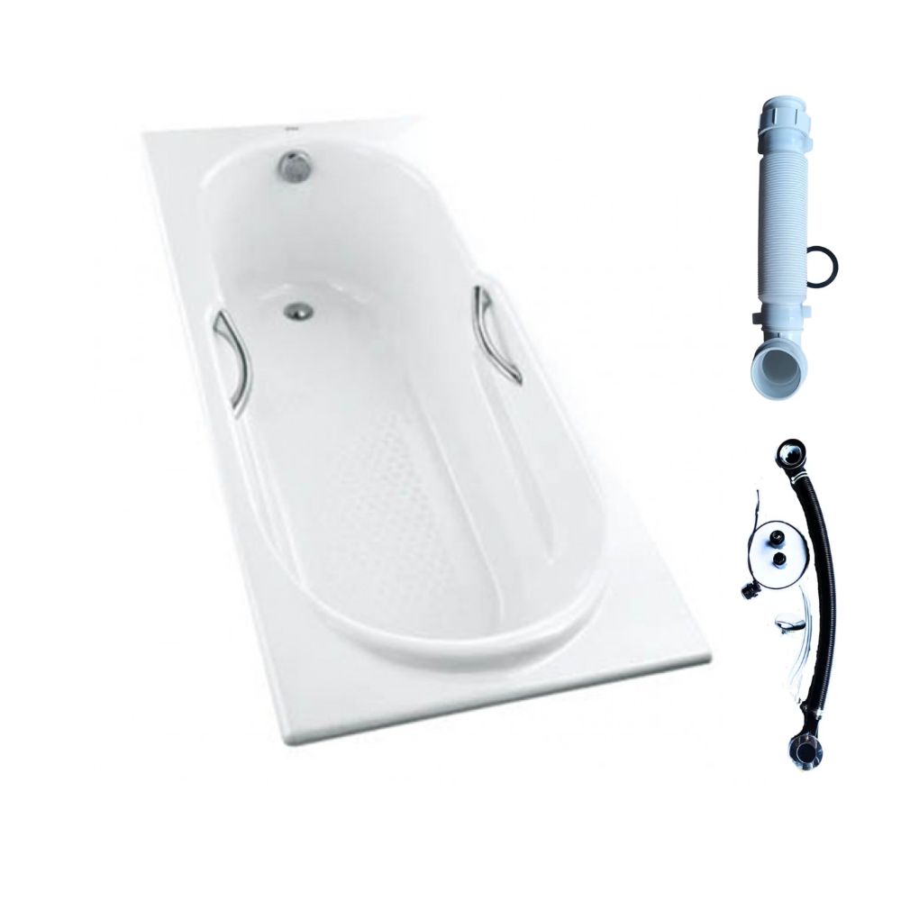 Bồn tắm TOTO FBY1720NHPE#W TVBF412 DB505R-2B gang tráng men 1m7 tay vịn gồm bộ xả thải