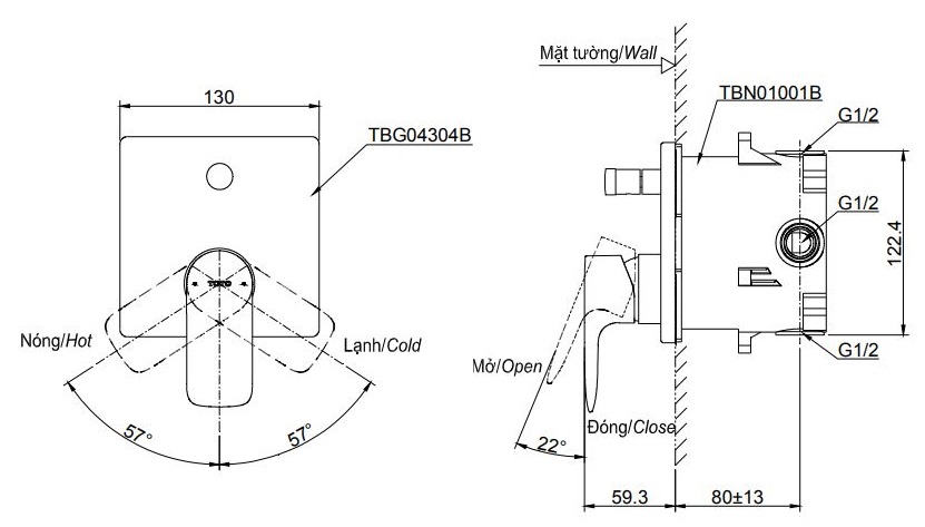 Van gật gù điều chỉnh nóng lạnh kèm nút chuyển hướng và phụ kiện âm tường TOTO TBG04304BA TBN01001B - 4