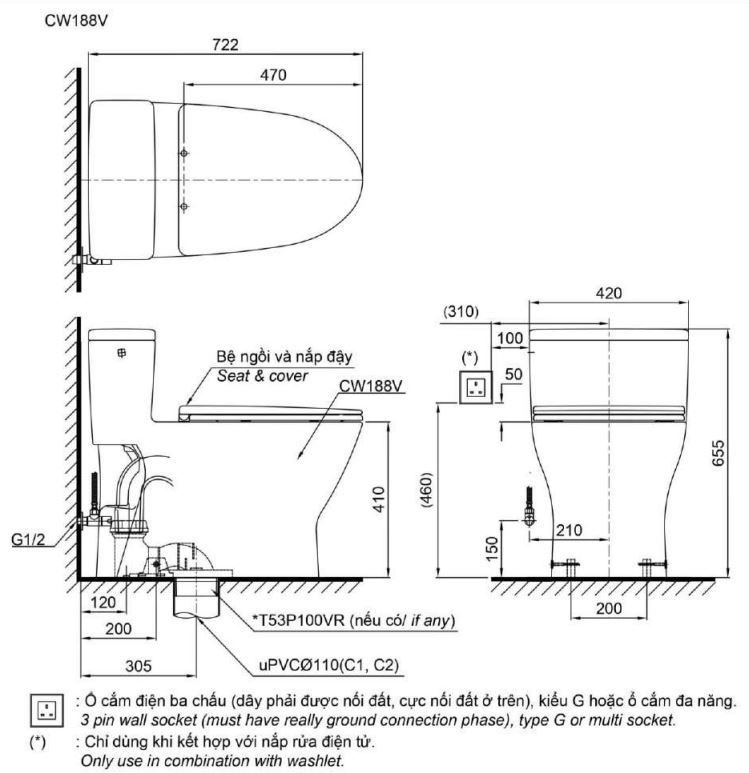 Bồn Cầu 1 Khối Nắp Điện Tử TOTO MS188VKW6/T53P100VR - 12