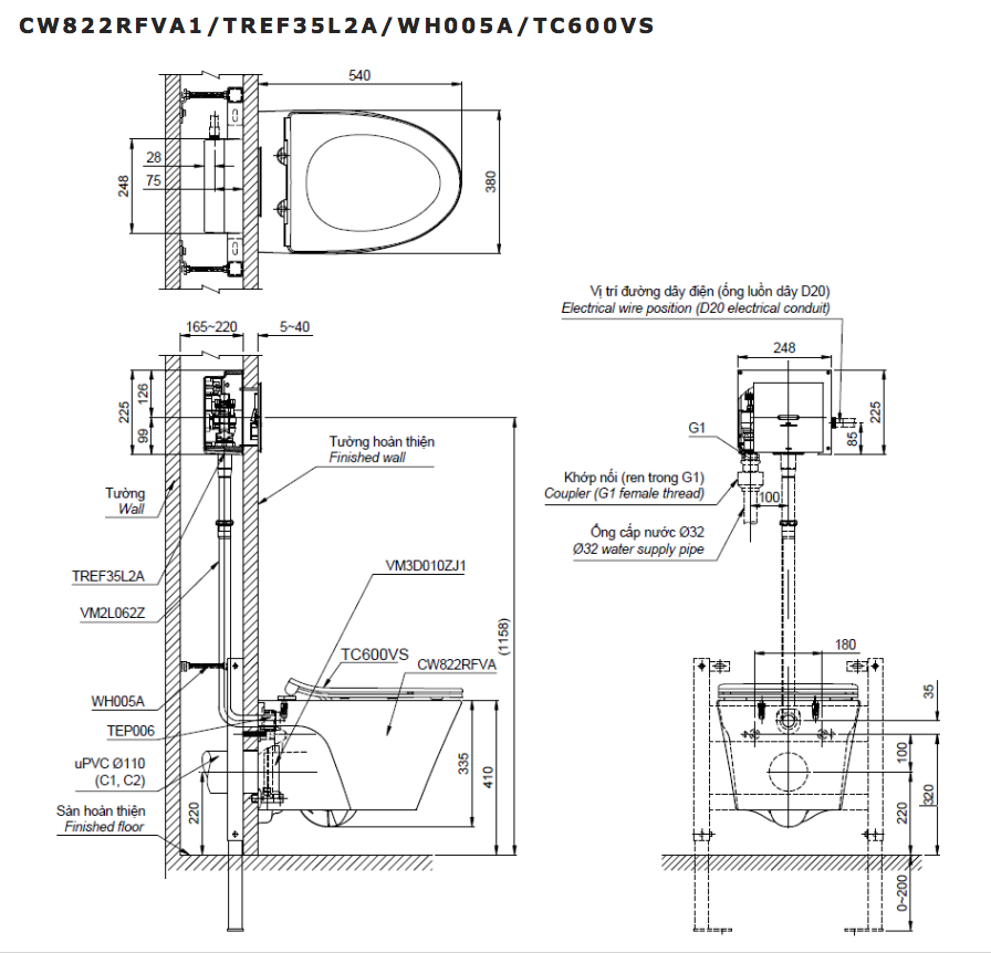Bồn cầu treo tường nắp êm van xả cảm ứng TOTO CW822RFVA1 TC600VS TREF35L2A WH005A - 11