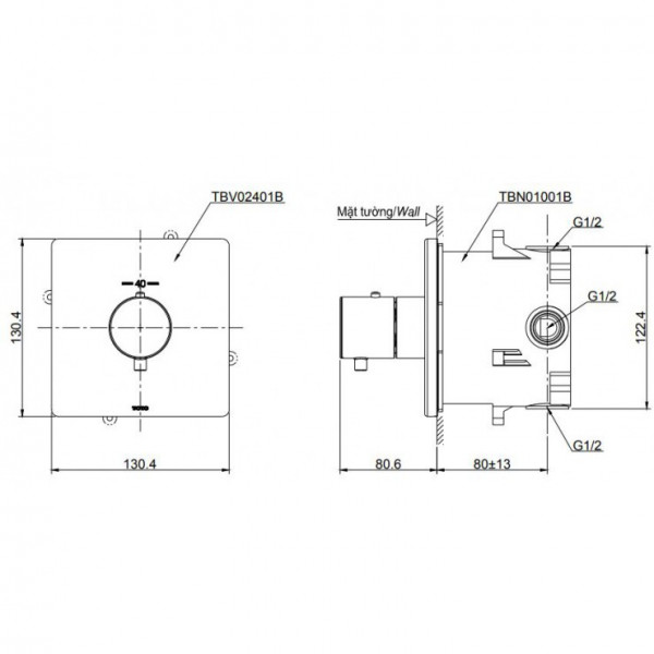 Van điều chỉnh nhiệt độ TOTO TBV02401B kèm phụ kiện âm tường TBN01001B - 2