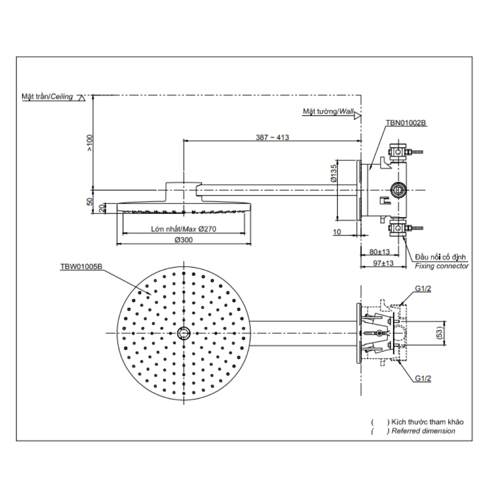 Bát sen tắm gắn tường TOTO TBW01005B kèm van âm TBN01002B
