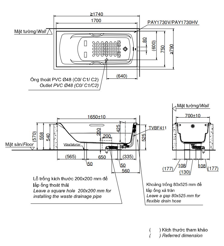 Bồn tắm TOTO PAY1730V#W nhựa 1m7 - 3