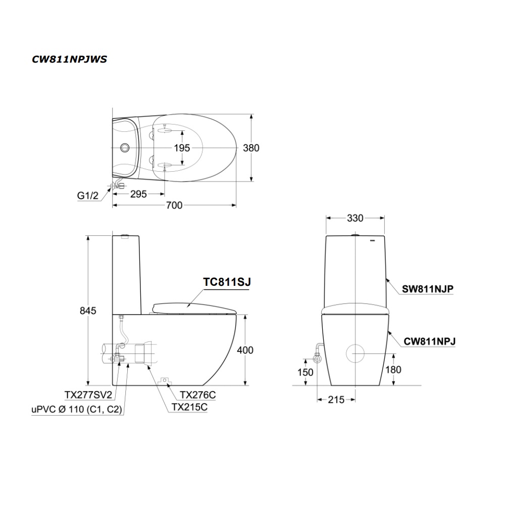 Bồn cầu 2 khối TOTO CW811NPJWS LP Series thoát sàn