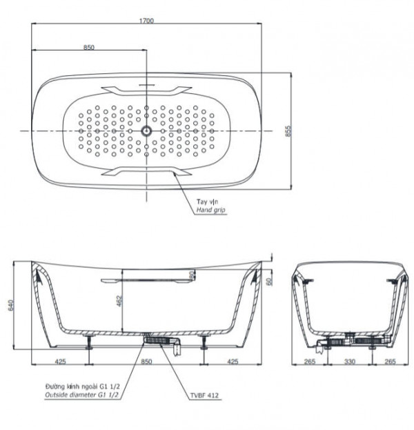 Bồn tắm đặt sàn TOTO PJY1734HPWEN#MW TVBF412 GALALATO 1m7 tay vịn gồm ống thải - 8
