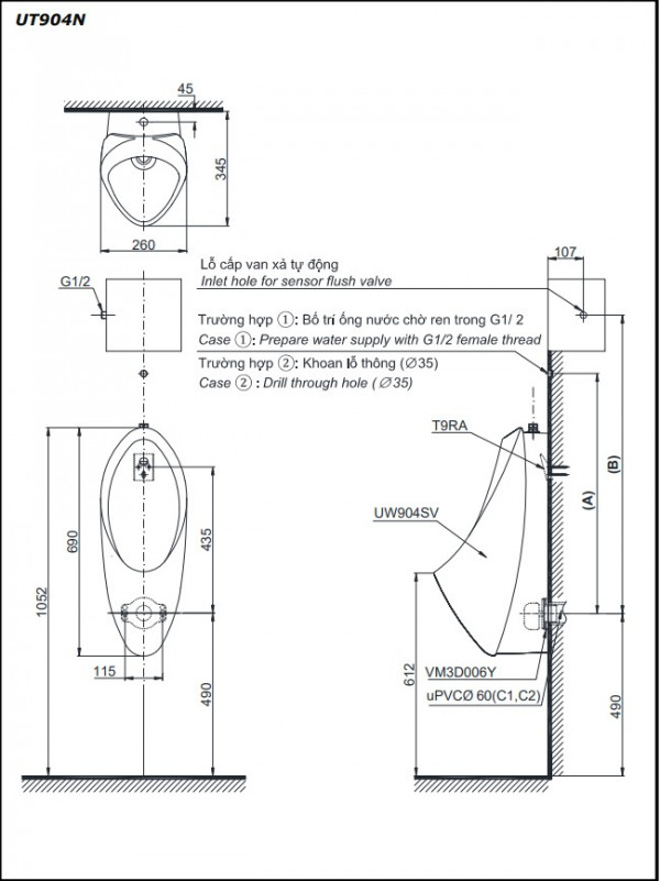 Bồn tiểu nam TOTO UT904N treo tường xả 2L đường cấp nước trên - 2