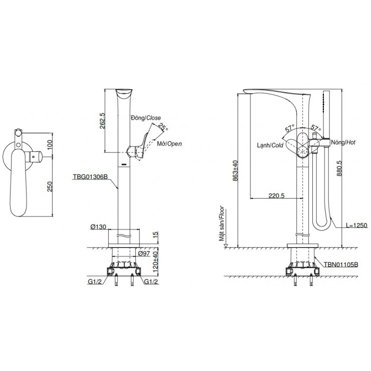Vòi xả bồn tắm TOTO TBG01306BA đặt sàn nóng lạnh - 20