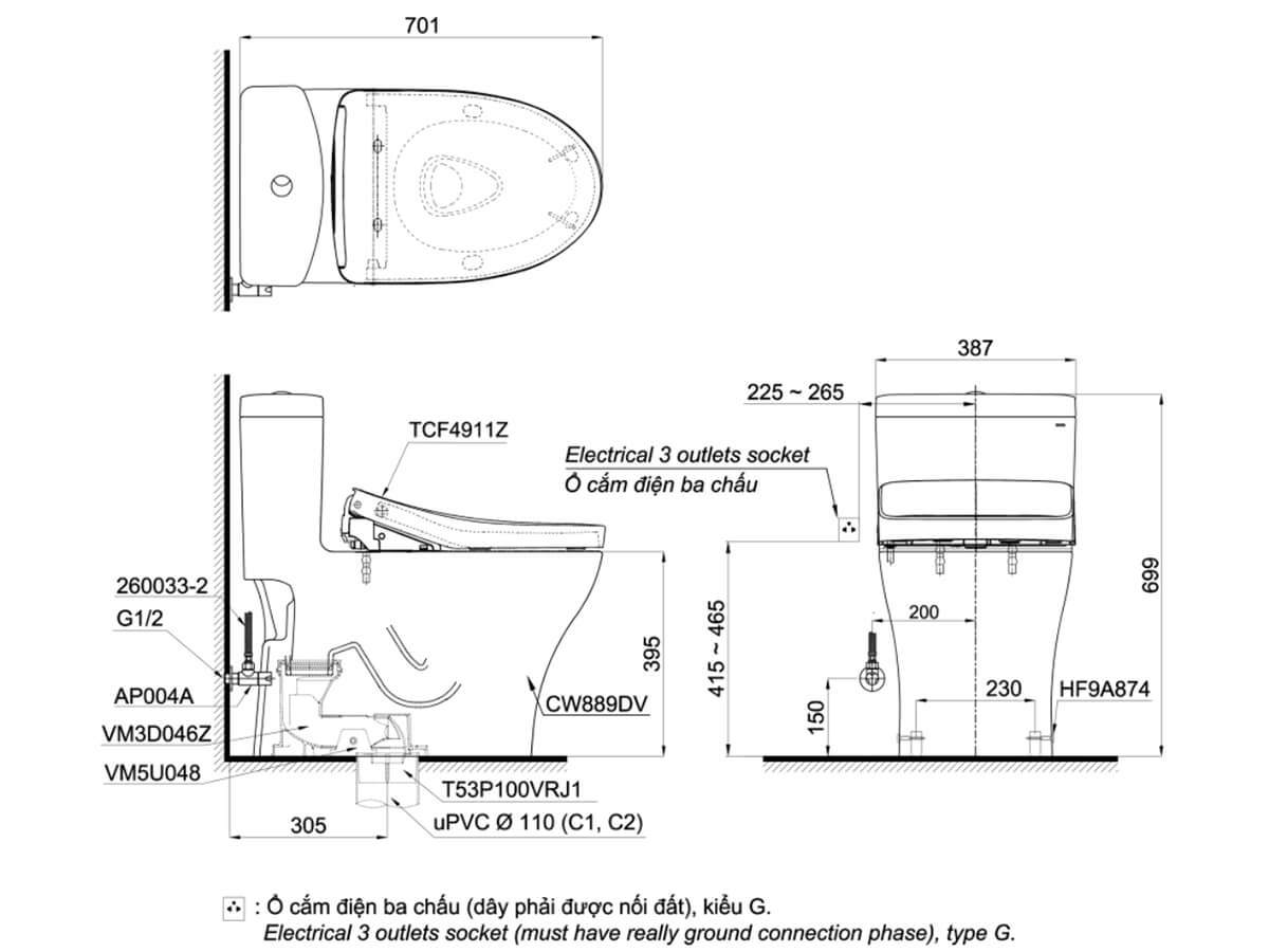 Bồn cầu TOTO MS889DRW11 1 khối nắp điện tử Washlet S7 TCF4911Z - 12